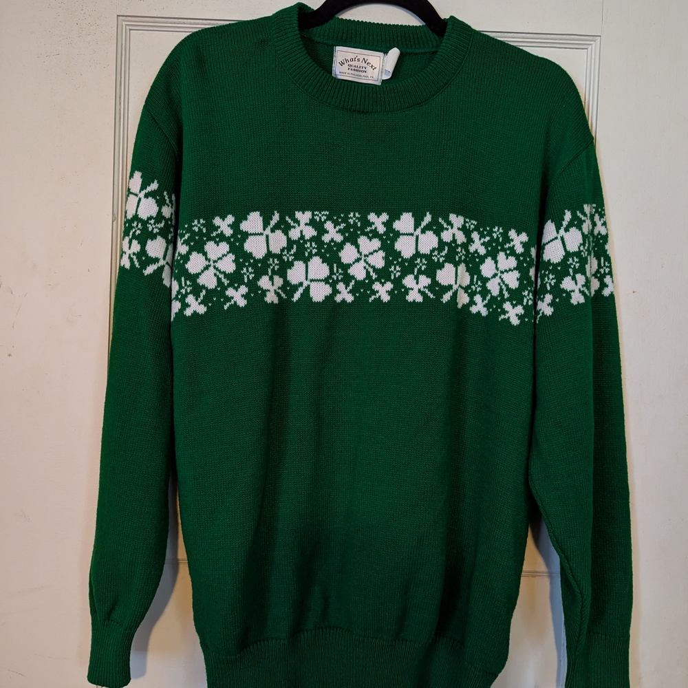 Irish vintage shamrock Green Crewneck Sweater with White Fair Isle Band